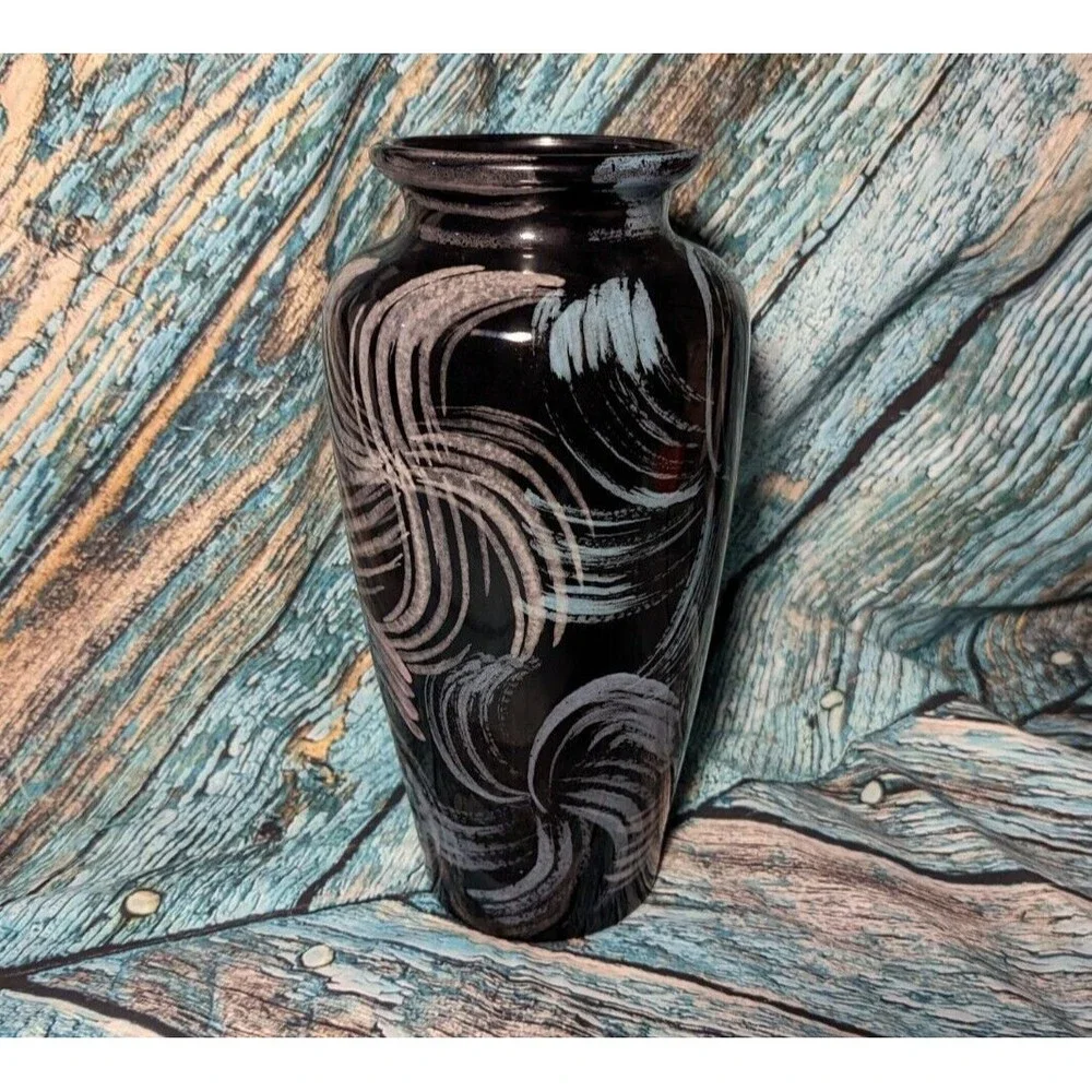 Mid Century Modern‎ Vase Black Vases Purple Pink Blue Abstract Design 12.5